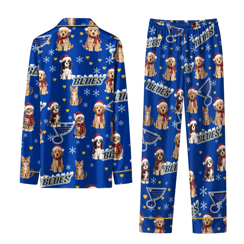 St Louis Blues Long Pajama Set Custom Animal Scatter Blue Fashion Forward St Louis Blues Long Pajama Set Custom Animal Scatter Blue Fashion Forward