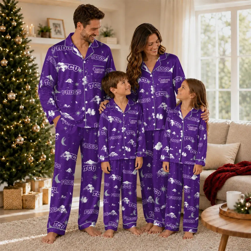 Tcu Horned Frogs Long Pajama Set Customized Cloud Stars Purple Latest Model Tcu Horned Frogs Long Pajama Set Customized Cloud Stars Purple Latest Model