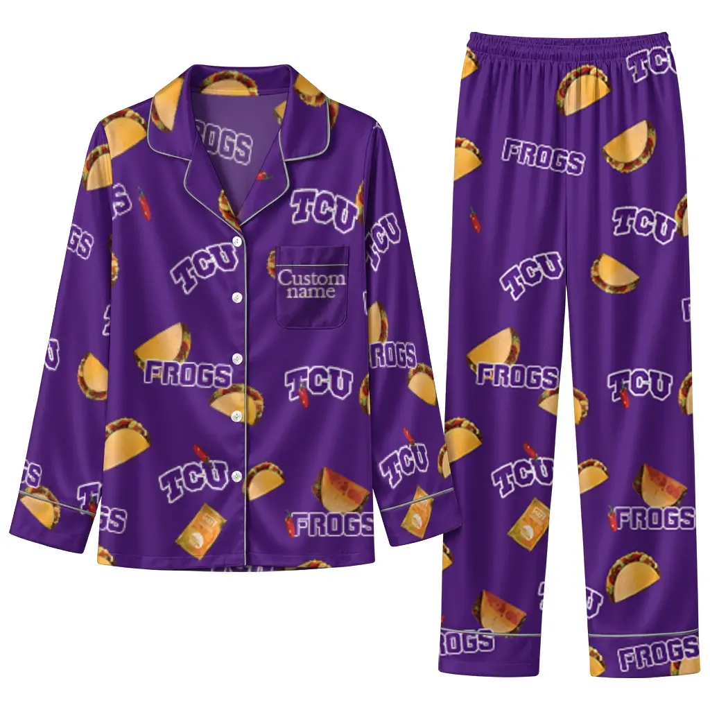 Tcu Horned Frogs Long Pajama Set Customized Snack Scatter Purple Best Selling Tcu Horned Frogs Long Pajama Set Customized Snack Scatter Purple Best Selling