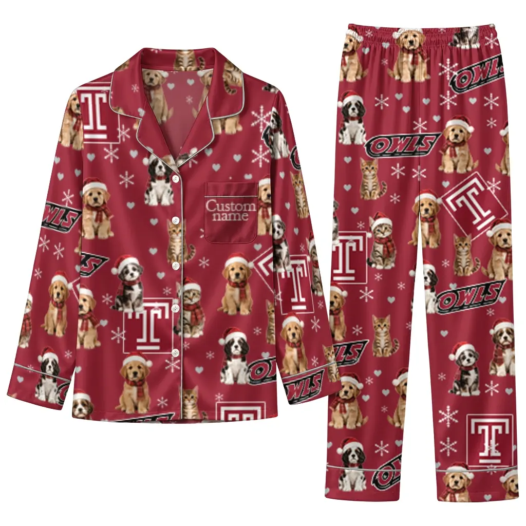Temple Owls Long Pajama Set Customized Animal Scatter Red Best Selling Temple Owls Long Pajama Set Customized Animal Scatter Red Best Selling