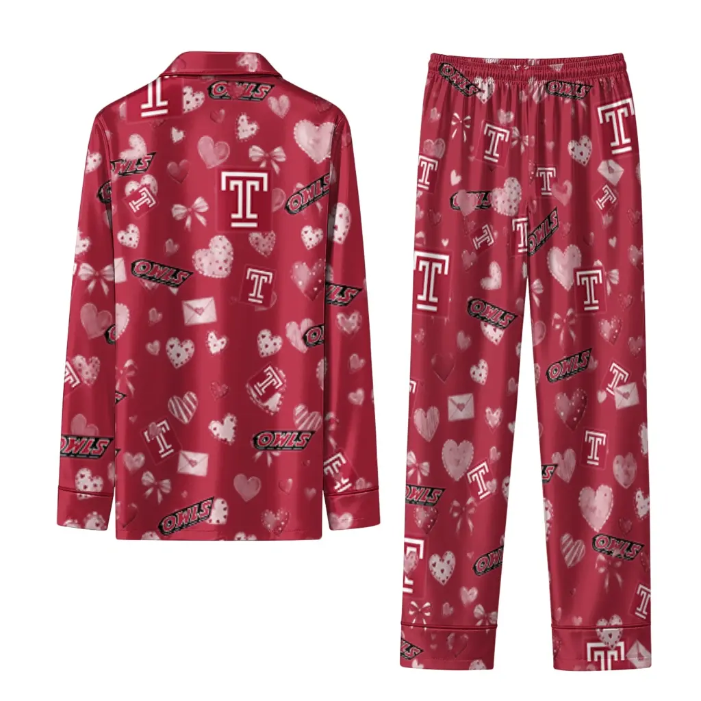 Temple Owls Long Pajama Set Customized Heart Charms Red Fashion Forward Temple Owls Long Pajama Set Customized Heart Charms Red Fashion Forward