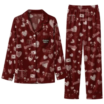 Texas Am Aggies Long Pajama Set Custom Heart Charms Maroon Best Selling