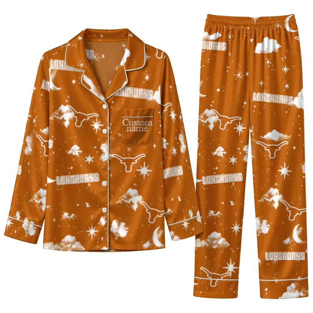 Texas Longhorns Long Pajama Set Personalized Cloud Stars Orange Best Selling Texas Longhorns Long Pajama Set Personalized Cloud Stars Orange Best Selling