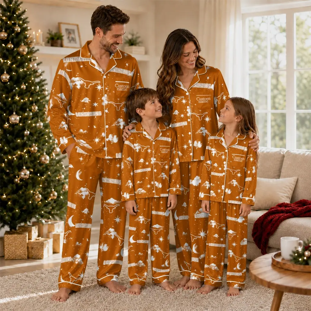 Texas Longhorns Long Pajama Set Personalized Cloud Stars Orange Latest Model Texas Longhorns Long Pajama Set Personalized Cloud Stars Orange Latest Model