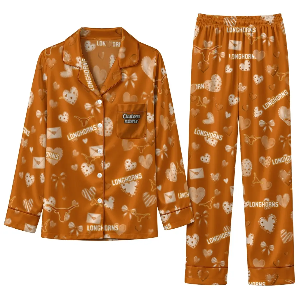 Texas Longhorns Long Pajama Set Personalized Heart Charms Orange Best Selling Texas Longhorns Long Pajama Set Personalized Heart Charms Orange Best Selling