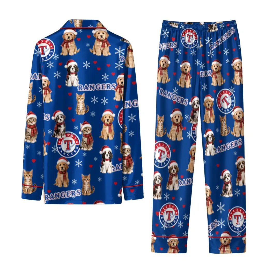 Texas Rangers Long Pajama Set Custom Animal Scatter Blue Fashion Forward Texas Rangers Long Pajama Set Custom Animal Scatter Blue Fashion Forward