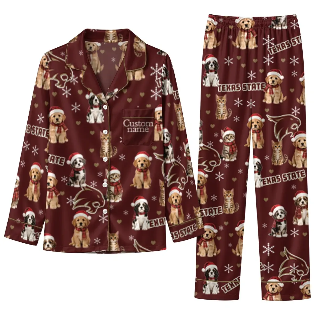 Texas State Bobcats Long Pajama Set Custom Animal Scatter Maroon Best Selling Texas State Bobcats Long Pajama Set Custom Animal Scatter Maroon Best Selling