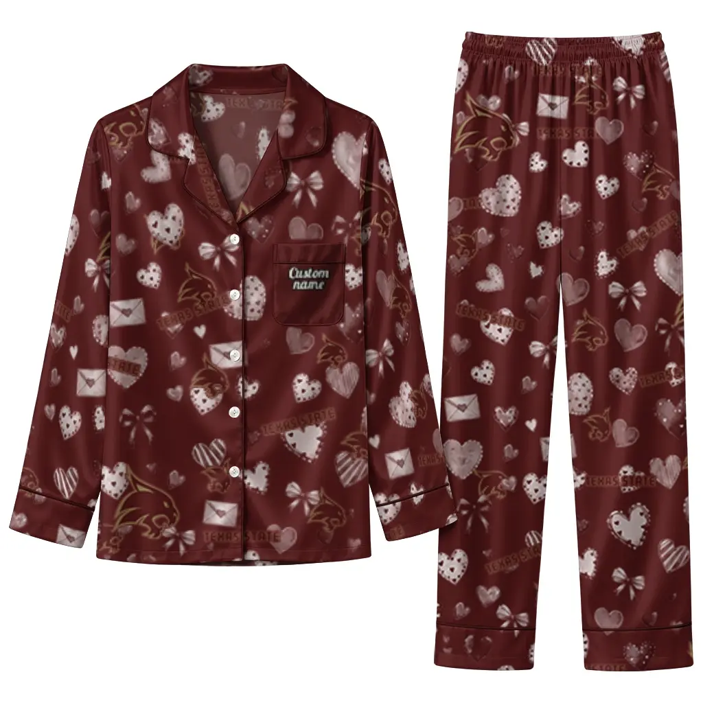Texas State Bobcats Long Pajama Set Custom Heart Charms Maroon Best Selling Texas State Bobcats Long Pajama Set Custom Heart Charms Maroon Best Selling