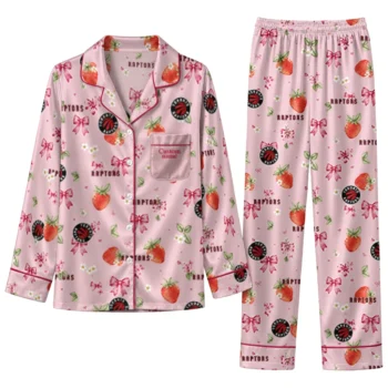 toronto raptors long pajama set customized ribbon florals red best selling.webp
