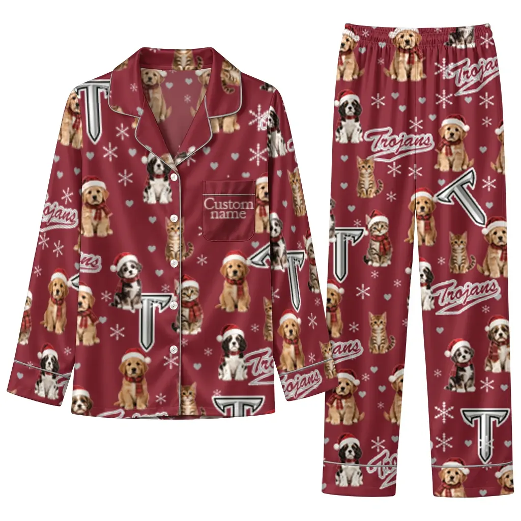 Troy Trojans Long Pajama Set Personalized Animal Scatter Red Best Selling Troy Trojans Long Pajama Set Personalized Animal Scatter Red Best Selling