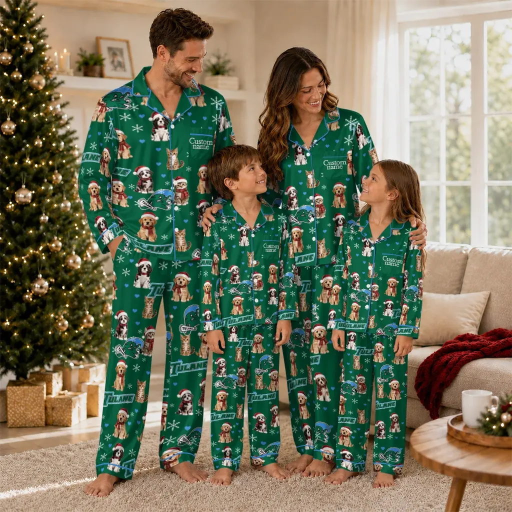 Tulane Green Wave Long Pajama Set Customized Animal Scatter Green Latest Model Tulane Green Wave Long Pajama Set Customized Animal Scatter Green Latest Model