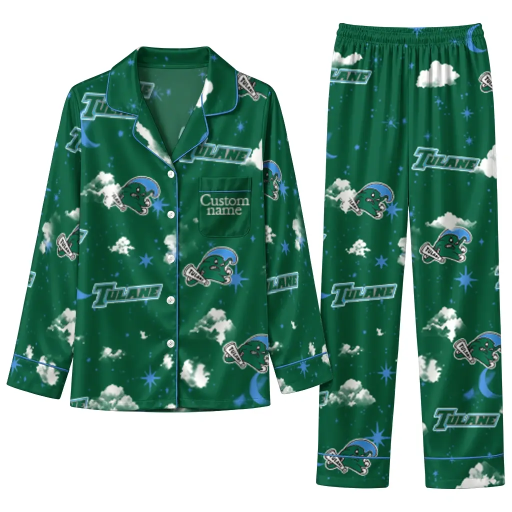 Tulane Green Wave Long Pajama Set Customized Cloud Stars Green Best Selling Tulane Green Wave Long Pajama Set Customized Cloud Stars Green Best Selling