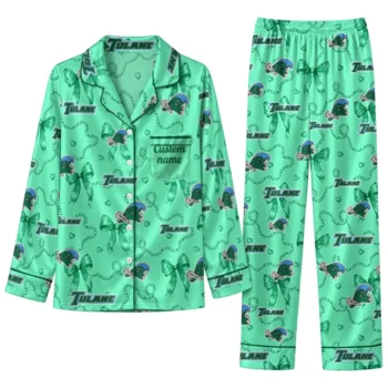 Tulane Green Wave Long Pajama Set Customized Ribbon Chains Green Best Selling