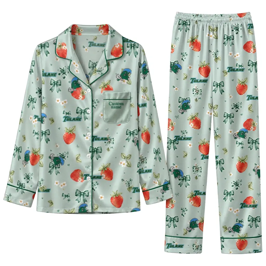 Tulane Green Wave Long Pajama Set Customized Ribbon Florals Green Best Selling Tulane Green Wave Long Pajama Set Customized Ribbon Florals Green Best Selling