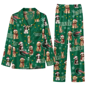 Uab Blazers Long Pajama Set Personalized Animal Scatter Green Best Selling