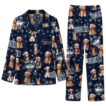 Uconn Huskies Long Pajama Set Custom Animal Scatter Blue Best Selling