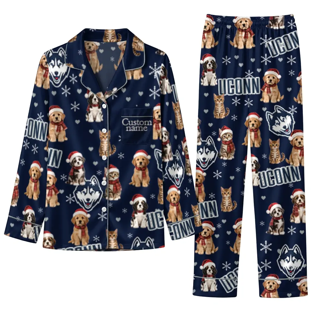 Uconn Huskies Long Pajama Set Custom Animal Scatter Blue Best Selling Uconn Huskies Long Pajama Set Custom Animal Scatter Blue Best Selling