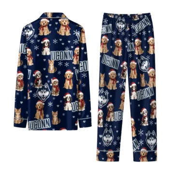 Uconn Huskies Long Pajama Set Custom Animal Scatter Blue Fashion Forward