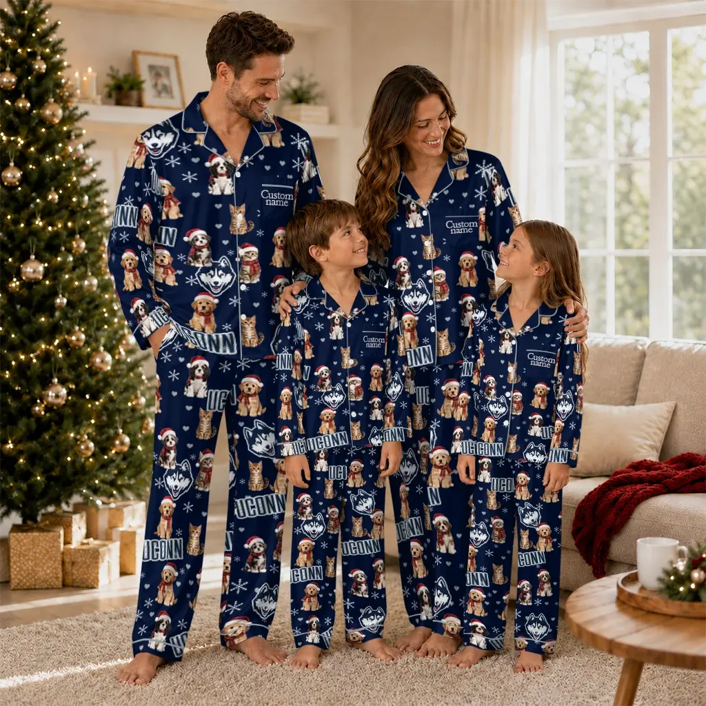 Uconn Huskies Long Pajama Set Custom Animal Scatter Blue Latest Model Uconn Huskies Long Pajama Set Custom Animal Scatter Blue Latest Model