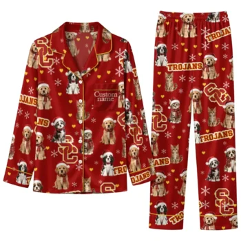 Usc Trojans Long Pajama Set Personalized Animal Scatter Red Best Selling