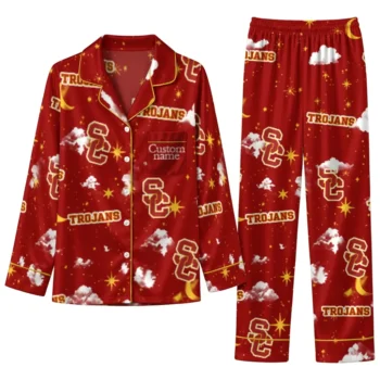 Usc Trojans Long Pajama Set Personalized Cloud Stars Red Best Selling