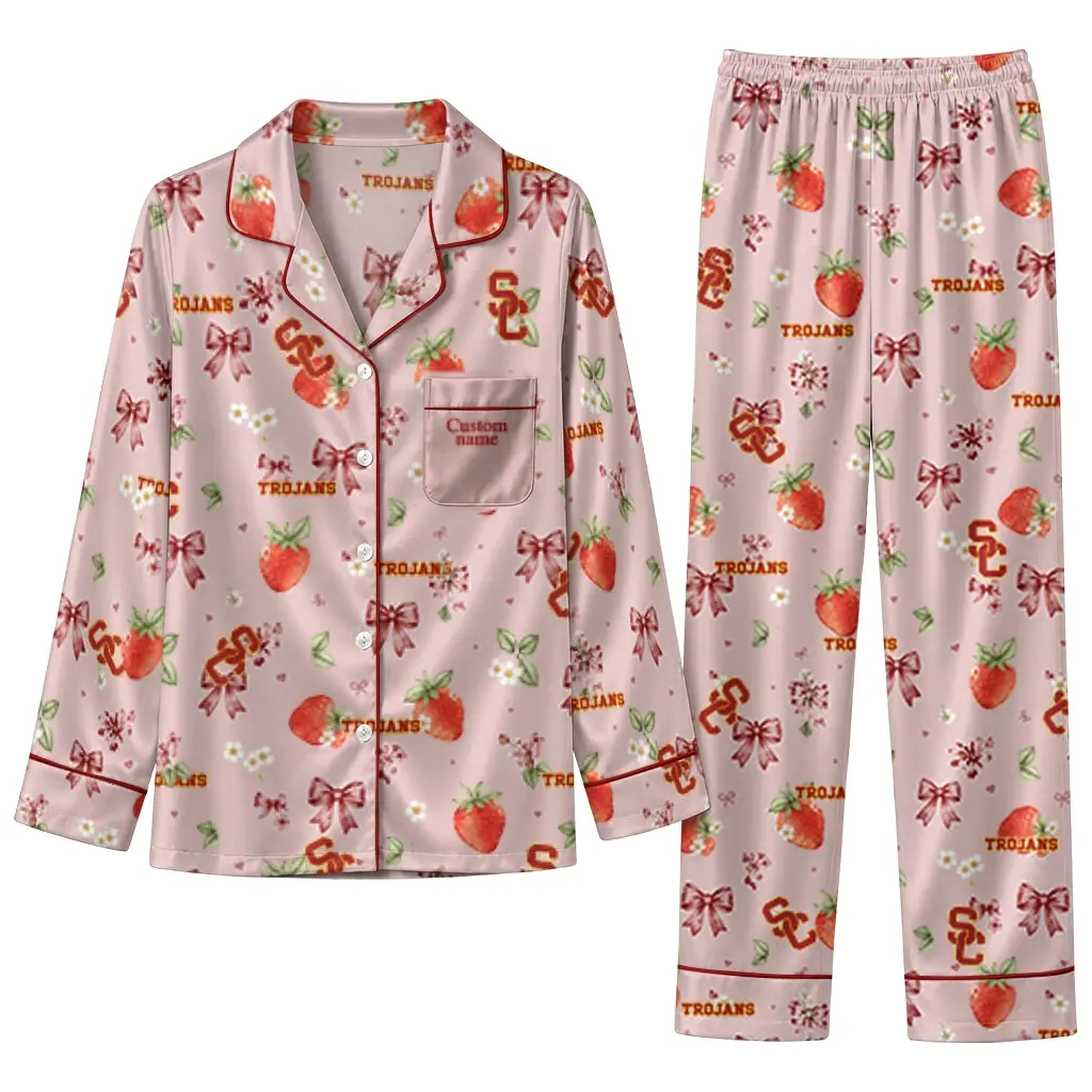 Usc Trojans Long Pajama Set Personalized Ribbon Florals Red Best Selling Usc Trojans Long Pajama Set Personalized Ribbon Florals Red Best Selling