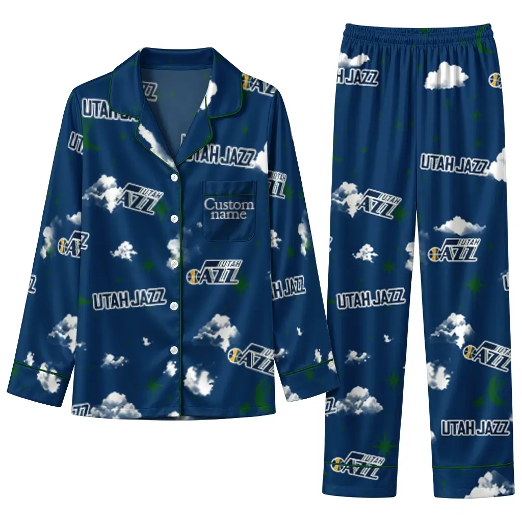Utah Jazz Long Pajama Set Personalized Cloud Stars Navy Best Selling Utah Jazz Long Pajama Set Personalized Cloud Stars Navy Best Selling