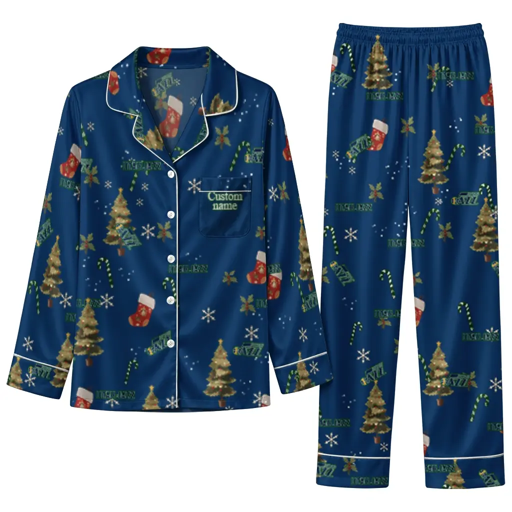 Utah Jazz Long Pajama Set Personalized Sprig Scatter Navy Best Selling Utah Jazz Long Pajama Set Personalized Sprig Scatter Navy Best Selling
