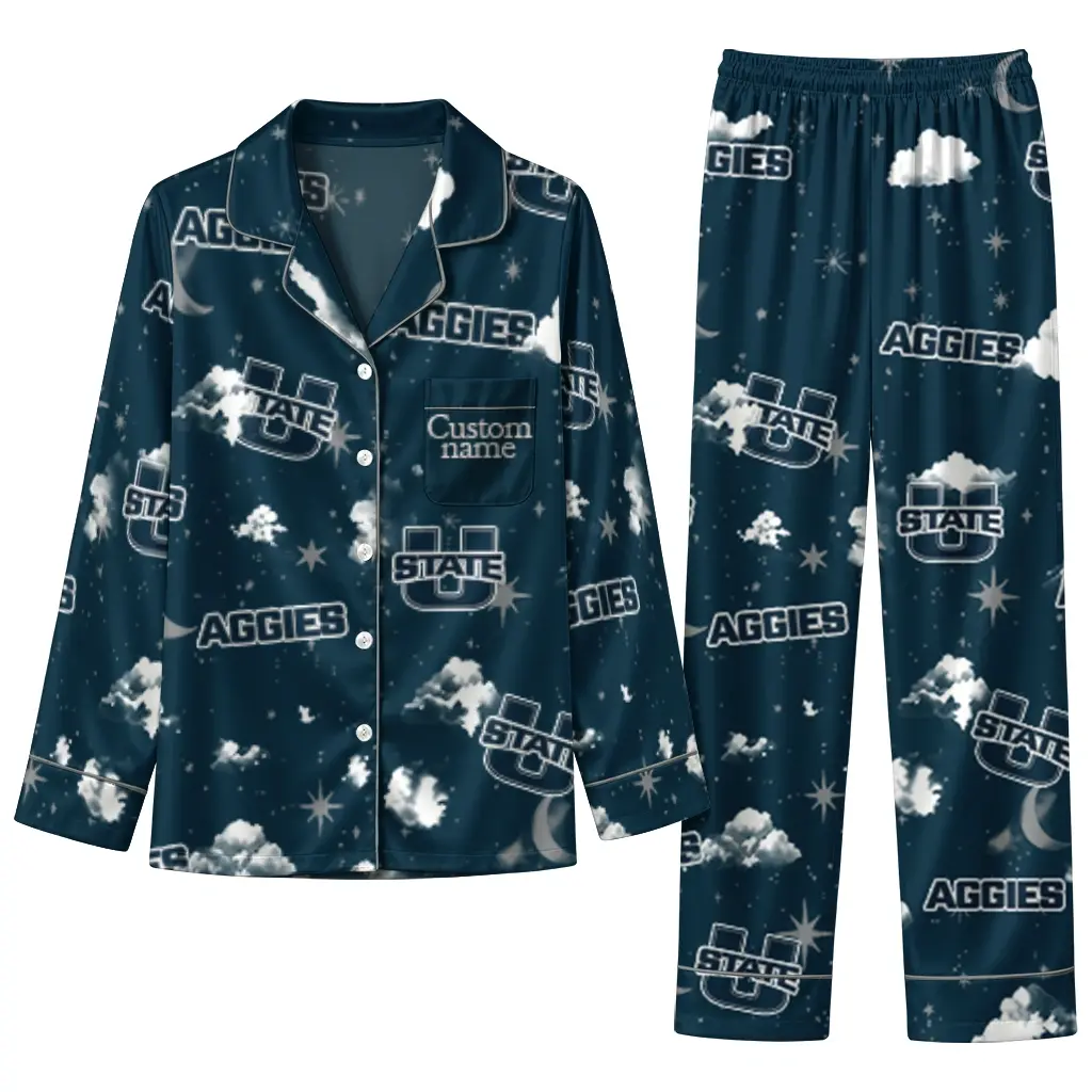 Utah State Aggies Long Pajama Set Personalized Cloud Stars Navy Best Selling Utah State Aggies Long Pajama Set Personalized Cloud Stars Navy Best Selling