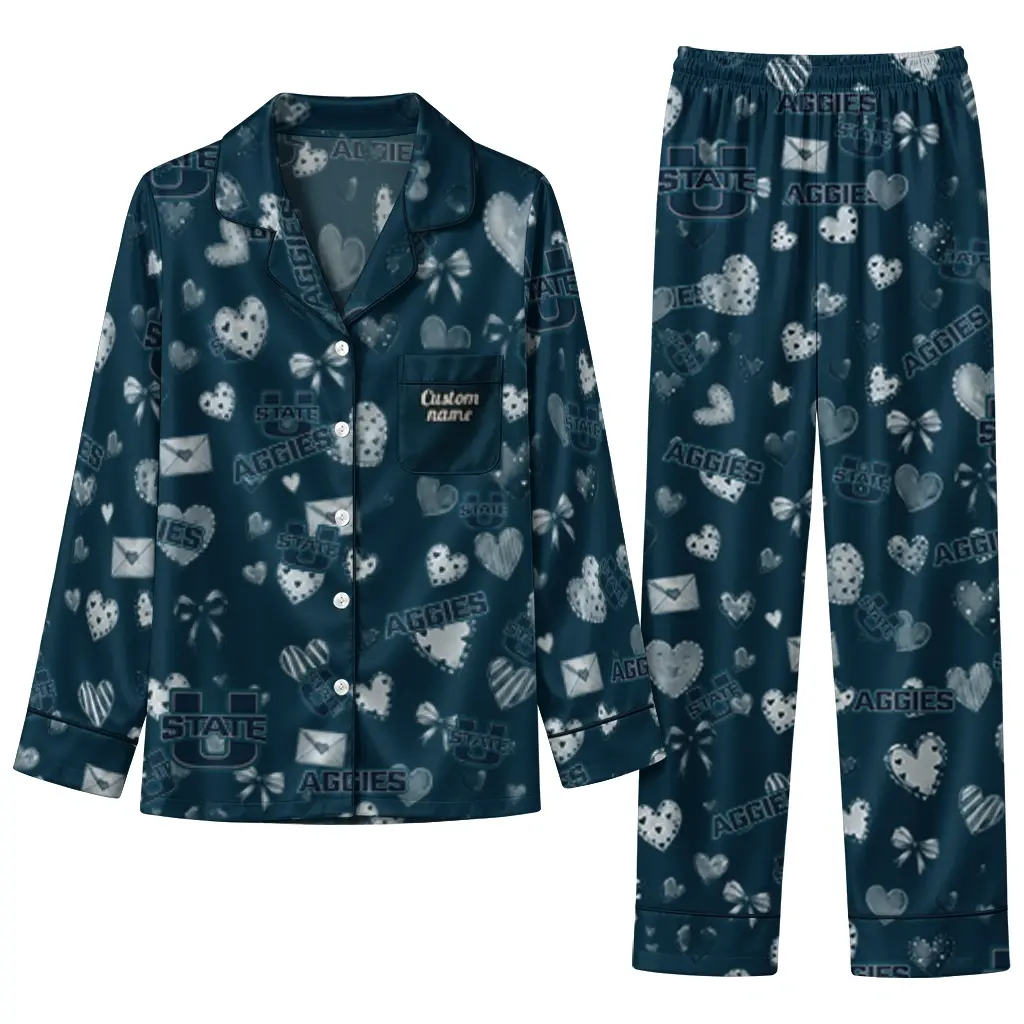Utah State Aggies Long Pajama Set Personalized Heart Charms Navy Best Selling Utah State Aggies Long Pajama Set Personalized Heart Charms Navy Best Selling