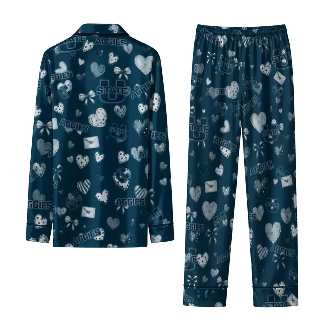 Utah State Aggies Long Pajama Set Personalized Heart Charms Navy Fashion Forward Utah State Aggies Long Pajama Set Personalized Heart Charms Navy Fashion Forward