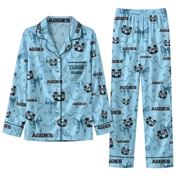 Utah State Aggies Long Pajama Set Personalized Ribbon Chains Navy Best Selling