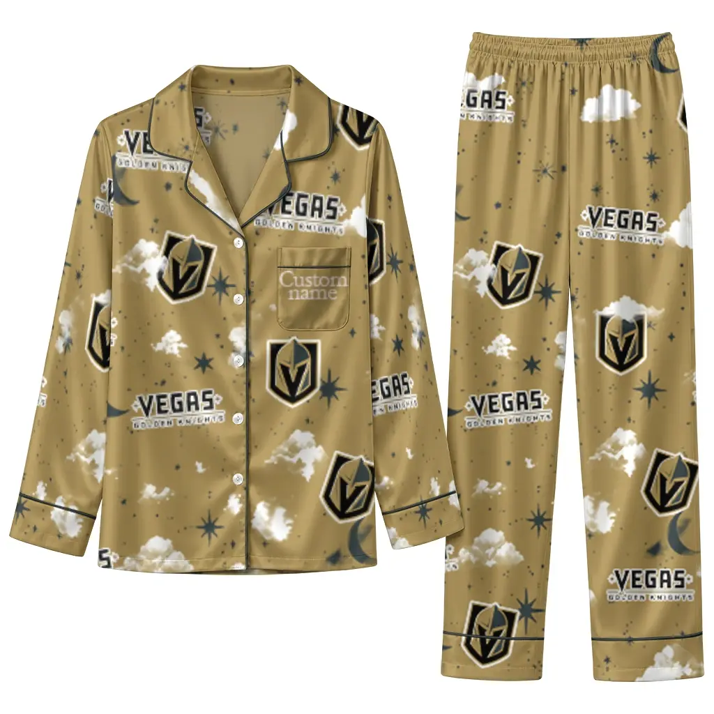Vegas Golden Knights Long Pajama Set Custom Cloud Stars Tan Best Selling Vegas Golden Knights Long Pajama Set Custom Cloud Stars Tan Best Selling