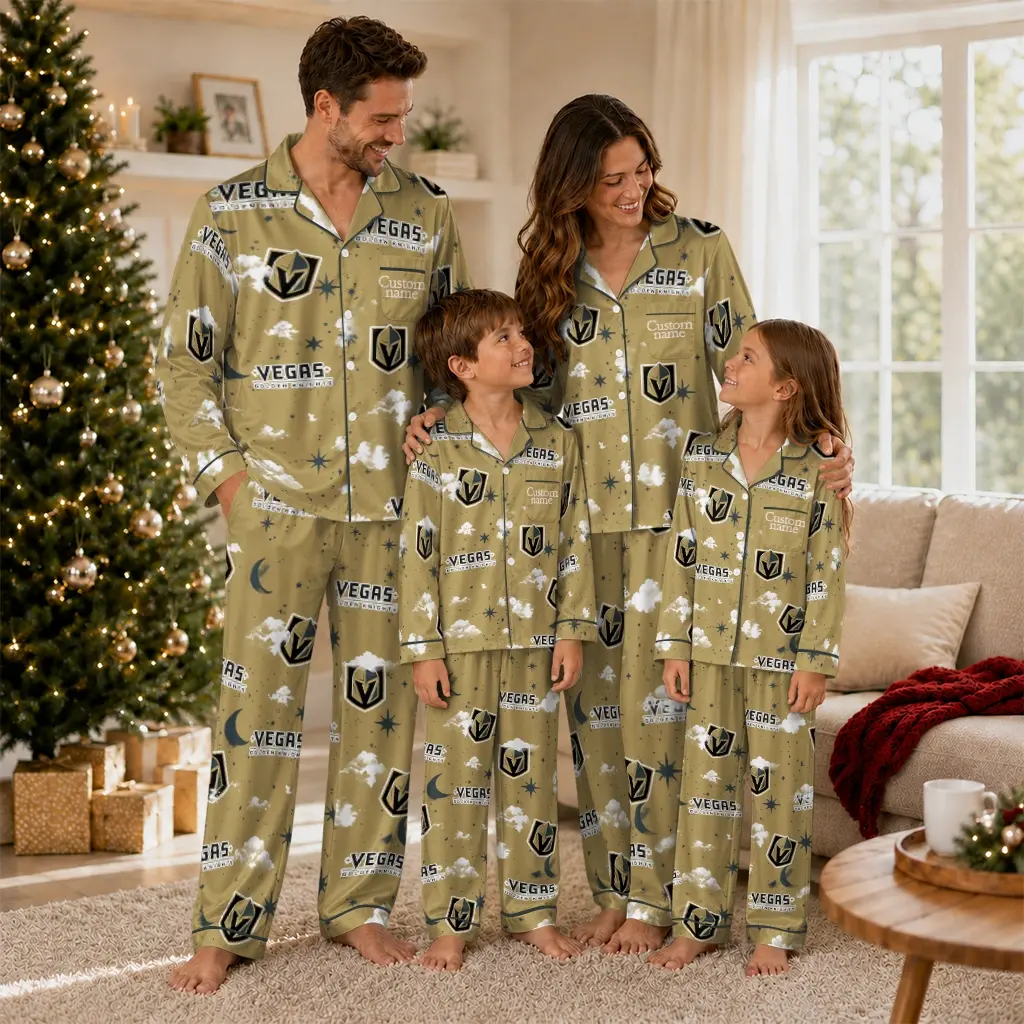 Vegas Golden Knights Long Pajama Set Custom Cloud Stars Tan Latest Model Vegas Golden Knights Long Pajama Set Custom Cloud Stars Tan Latest Model
