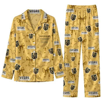 vegas golden knights long pajama set custom ribbon chains tan best selling.webp
