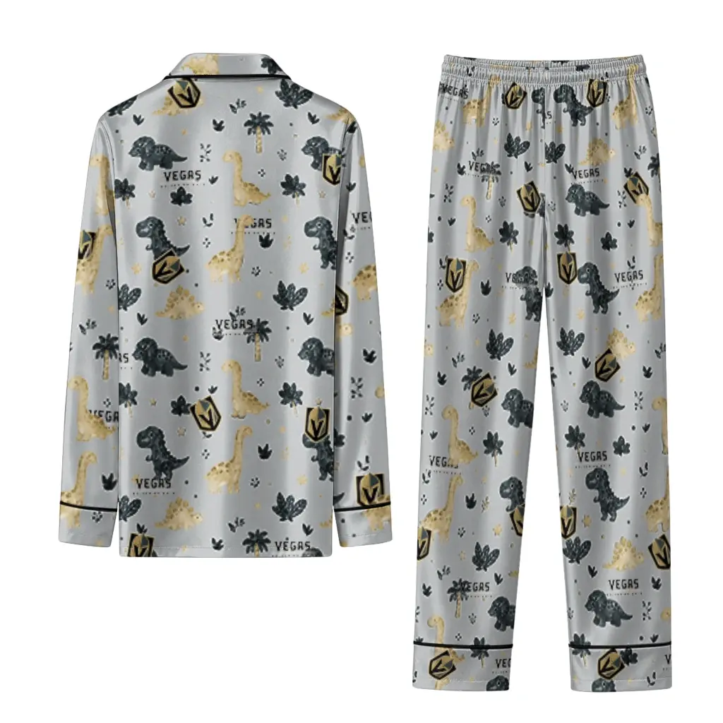Vegas Golden Knights Long Pajama Set Customized Character Scatter Fashion Forward Vegas Golden Knights Long Pajama Set Customized Character Scatter Fashion Forward