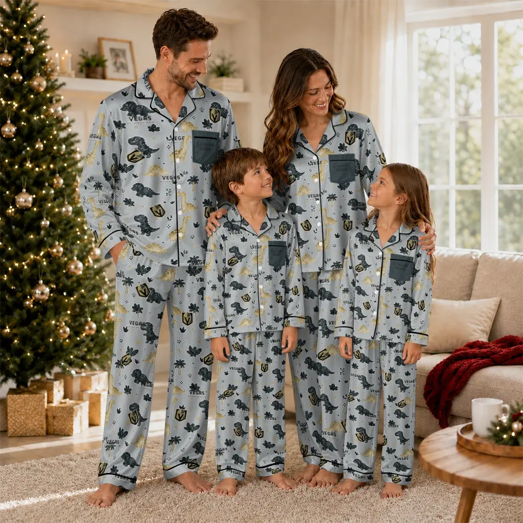 Vegas Golden Knights Long Pajama Set Customized Character Scatter Latest Model Vegas Golden Knights Long Pajama Set Customized Character Scatter Latest Model