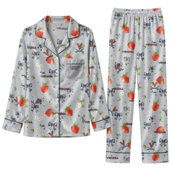 Virginia Cavaliers Long Pajama Set Personalized Ribbon Florals Blue Best Selling