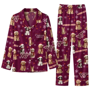 Virginia Tech Hokies Long Pajama Set Customized Animal Scatter Maroon Best Selling