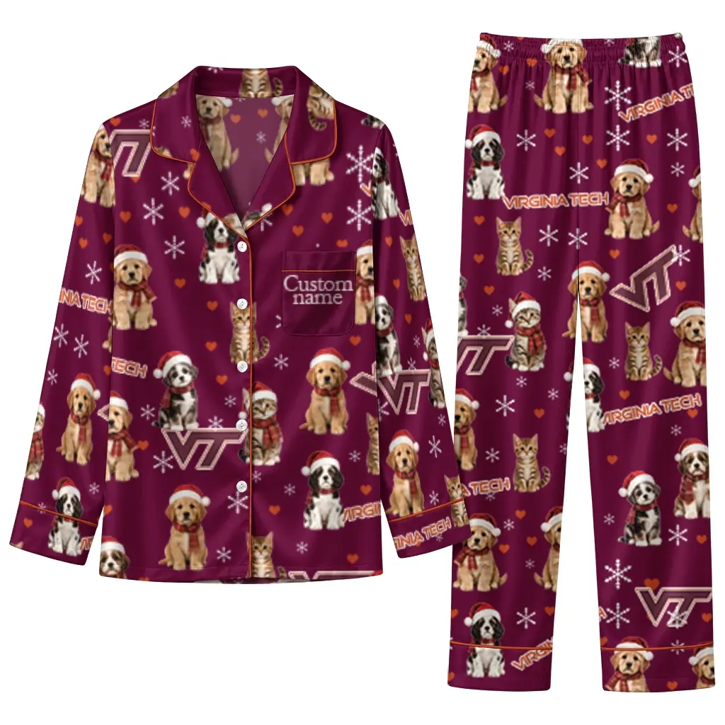 Virginia Tech Hokies Long Pajama Set Customized Animal Scatter Maroon Best Selling Virginia Tech Hokies Long Pajama Set Customized Animal Scatter Maroon Best Selling