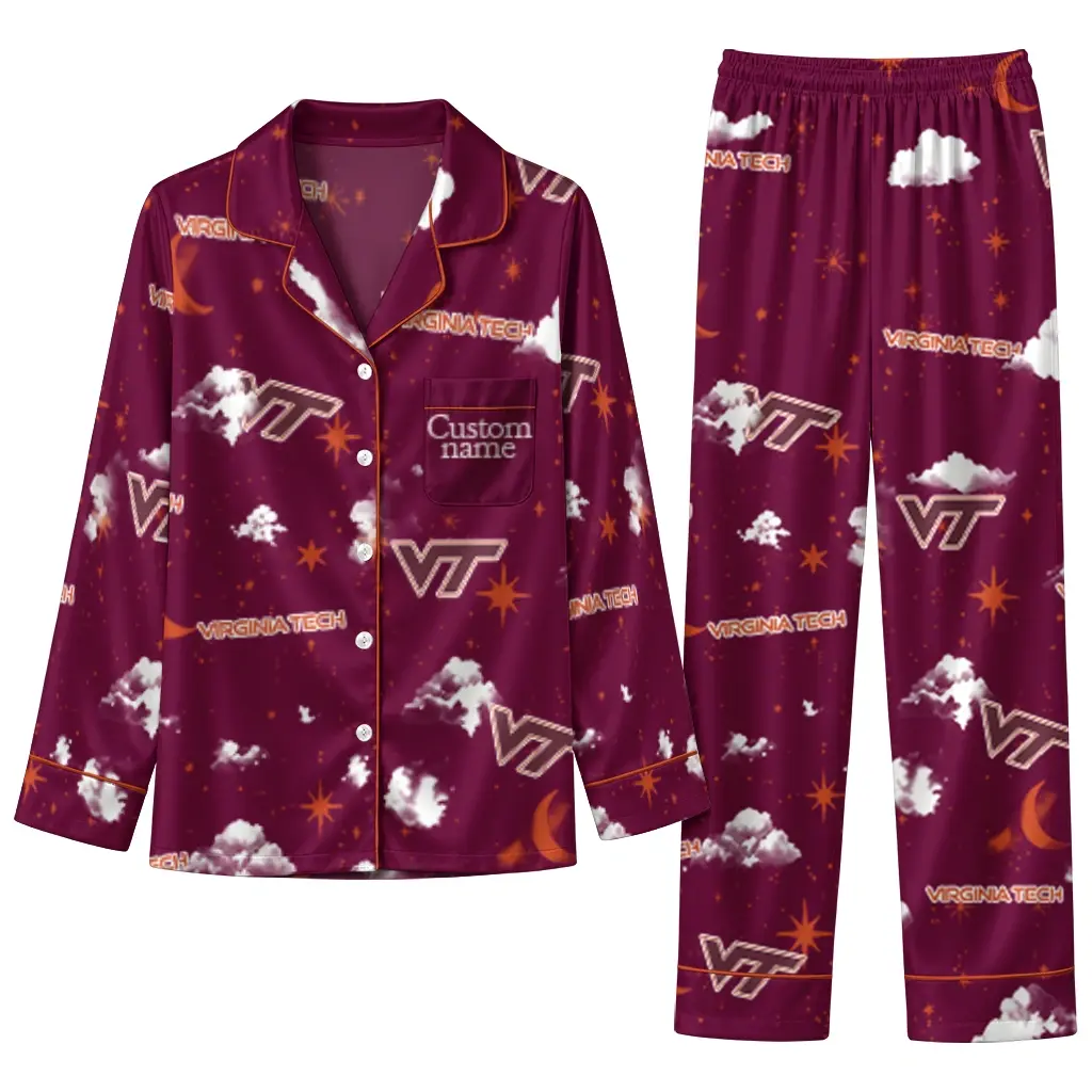 Virginia Tech Hokies Long Pajama Set Customized Cloud Stars Maroon Best Selling Virginia Tech Hokies Long Pajama Set Customized Cloud Stars Maroon Best Selling