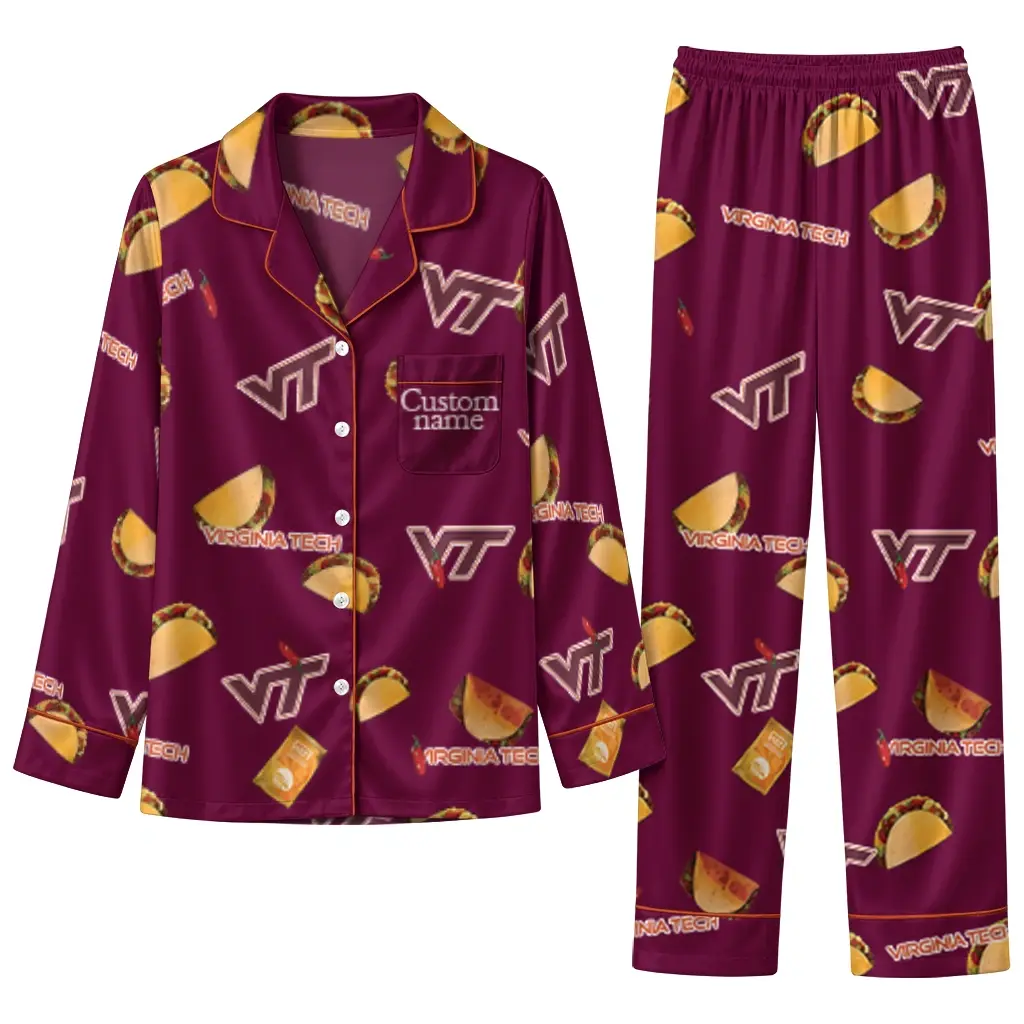 Virginia Tech Hokies Long Pajama Set Customized Snack Scatter Maroon Best Selling Virginia Tech Hokies Long Pajama Set Customized Snack Scatter Maroon Best Selling