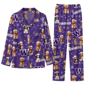 Washington Huskies Long Pajama Set Personalized Animal Scatter Purple Best Selling