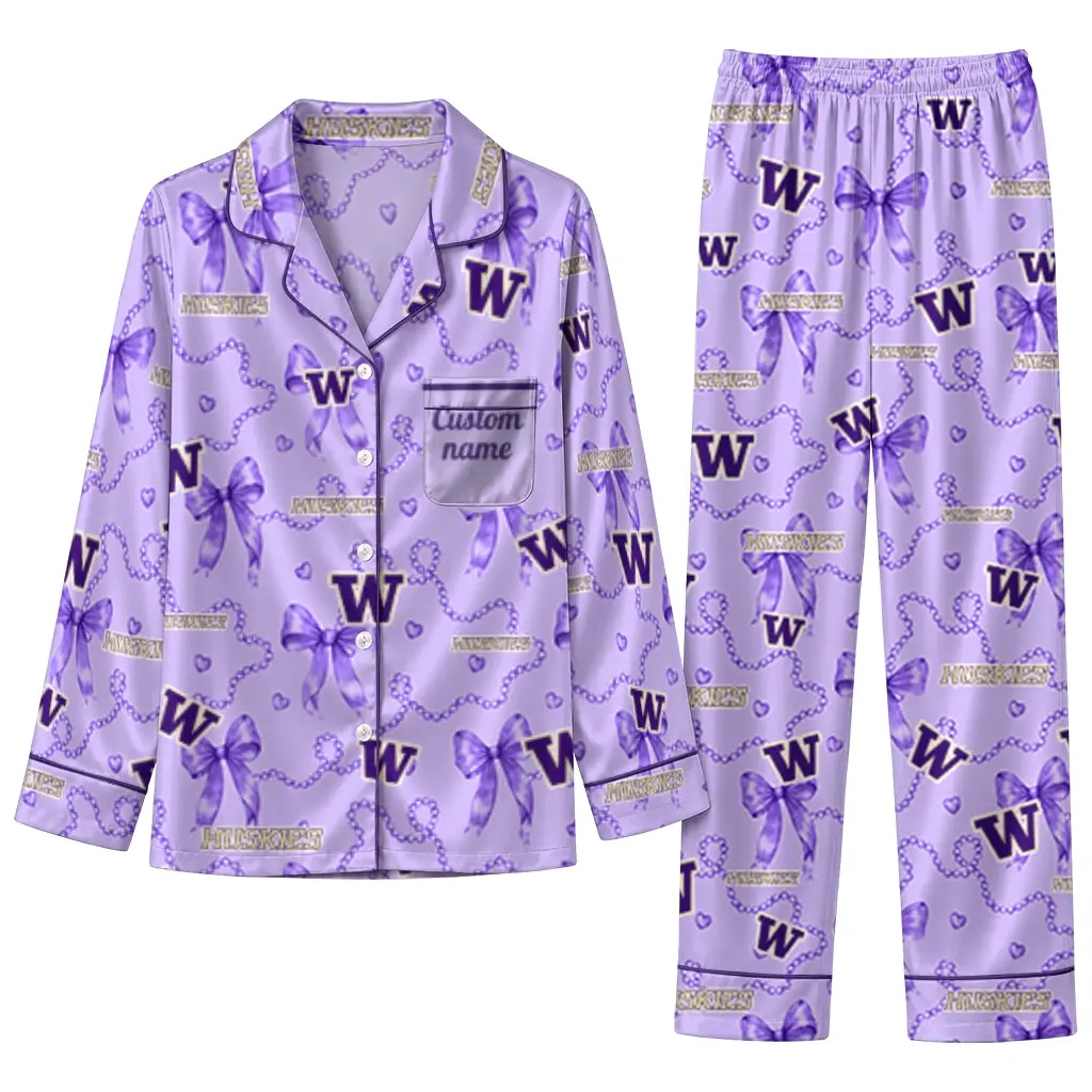 Washington Huskies Long Pajama Set Personalized Ribbon Chains Purple Best Selling Washington Huskies Long Pajama Set Personalized Ribbon Chains Purple Best Selling