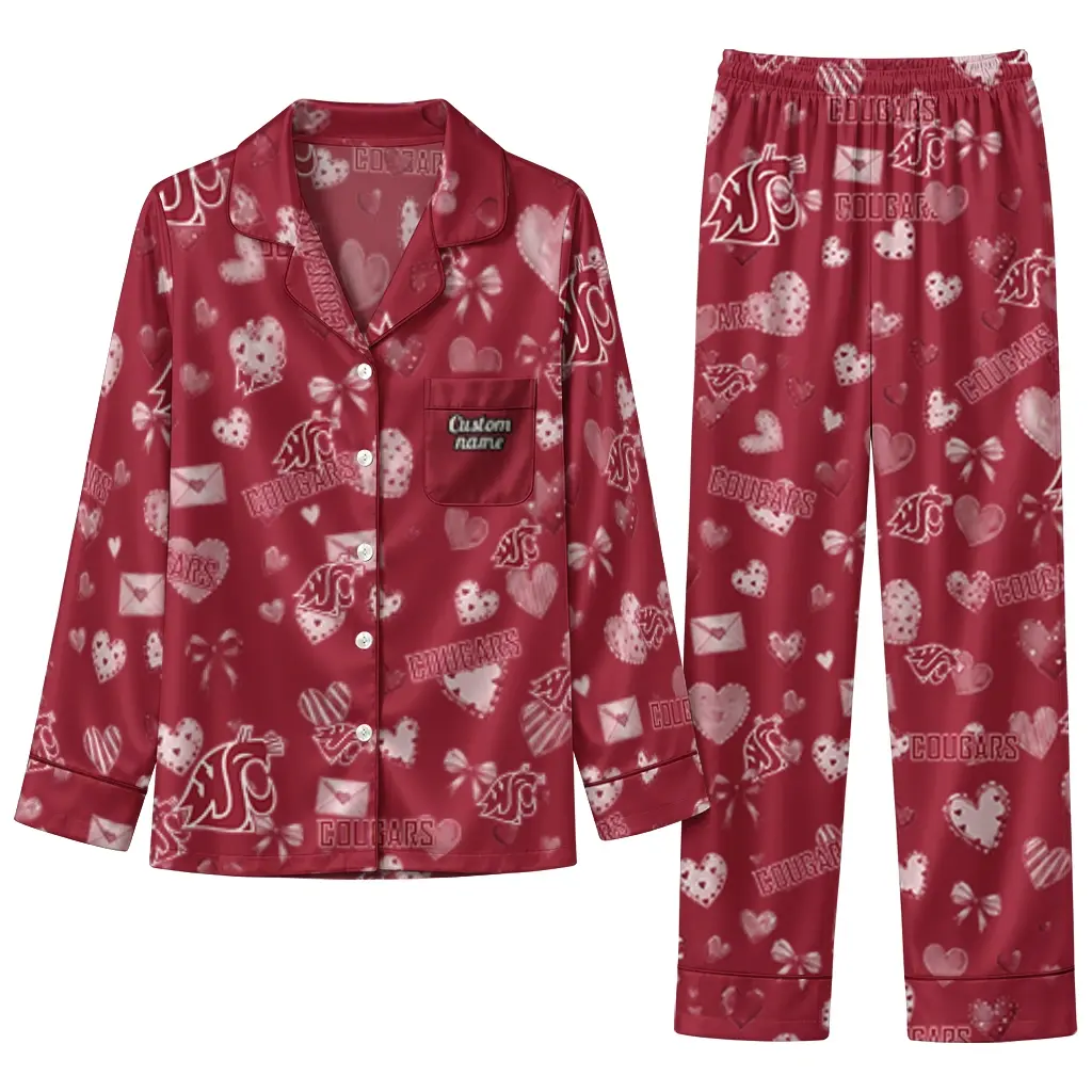 Washington State Cougars Long Pajama Set Custom Heart Charms Crimson Best Selling Washington State Cougars Long Pajama Set Custom Heart Charms Crimson Best Selling