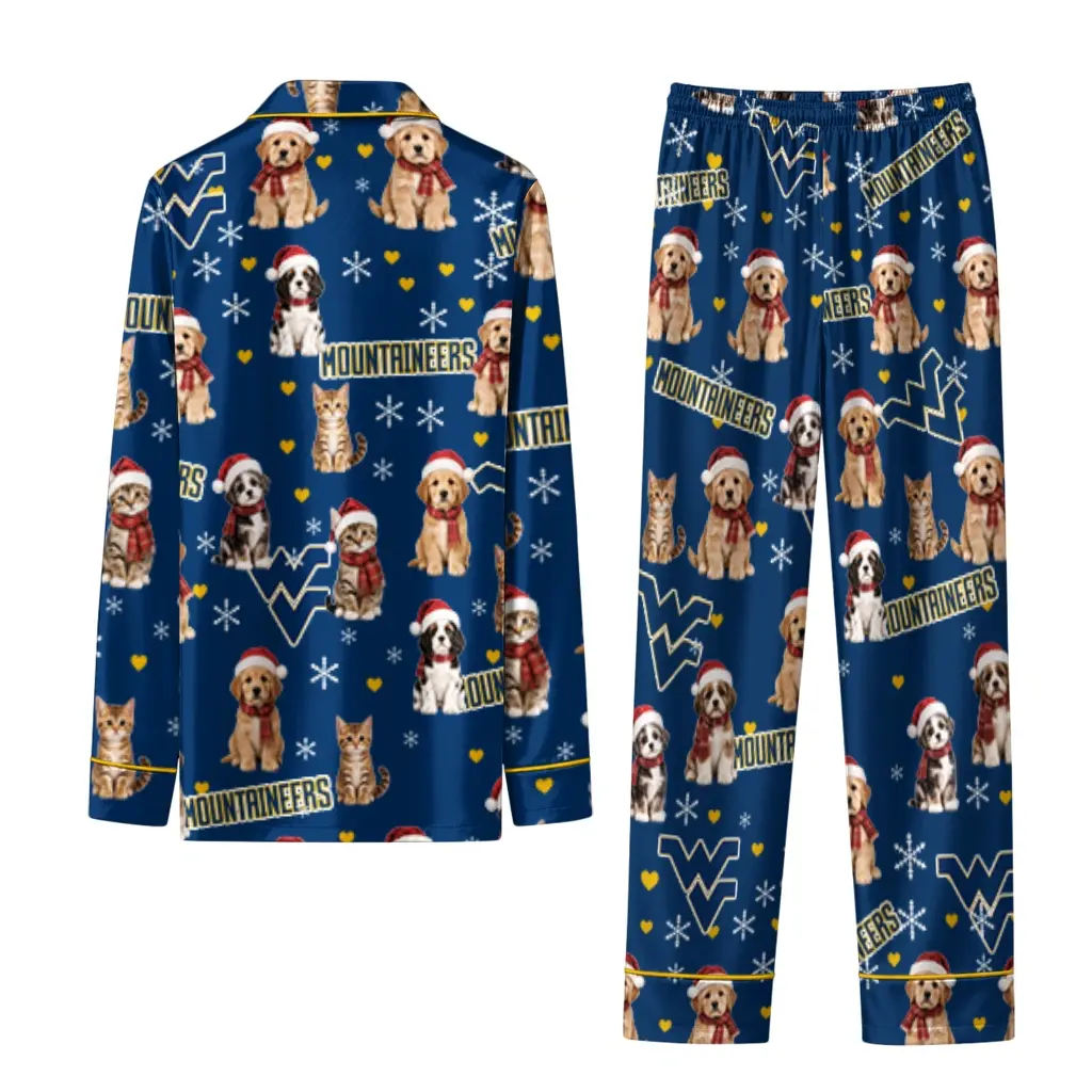 West Virginia Mountaineers Long Pajama Set Custom Animal Scatter Blue Fashion Forward West Virginia Mountaineers Long Pajama Set Custom Animal Scatter Blue Fashion Forward