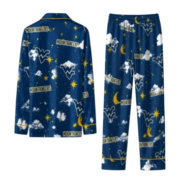 West Virginia Mountaineers Long Pajama Set Custom Cloud Stars Blue Fashion Forward