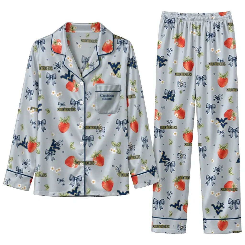 West Virginia Mountaineers Long Pajama Set Custom Ribbon Florals Blue Best Selling West Virginia Mountaineers Long Pajama Set Custom Ribbon Florals Blue Best Selling