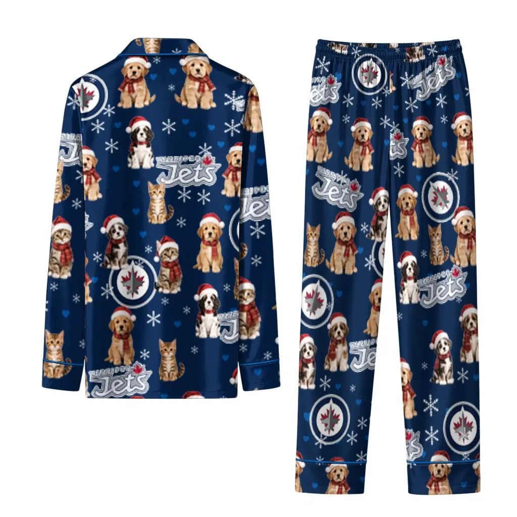 Winnipeg Jets Long Pajama Set Custom Animal Scatter Blue Fashion Forward Winnipeg Jets Long Pajama Set Custom Animal Scatter Blue Fashion Forward