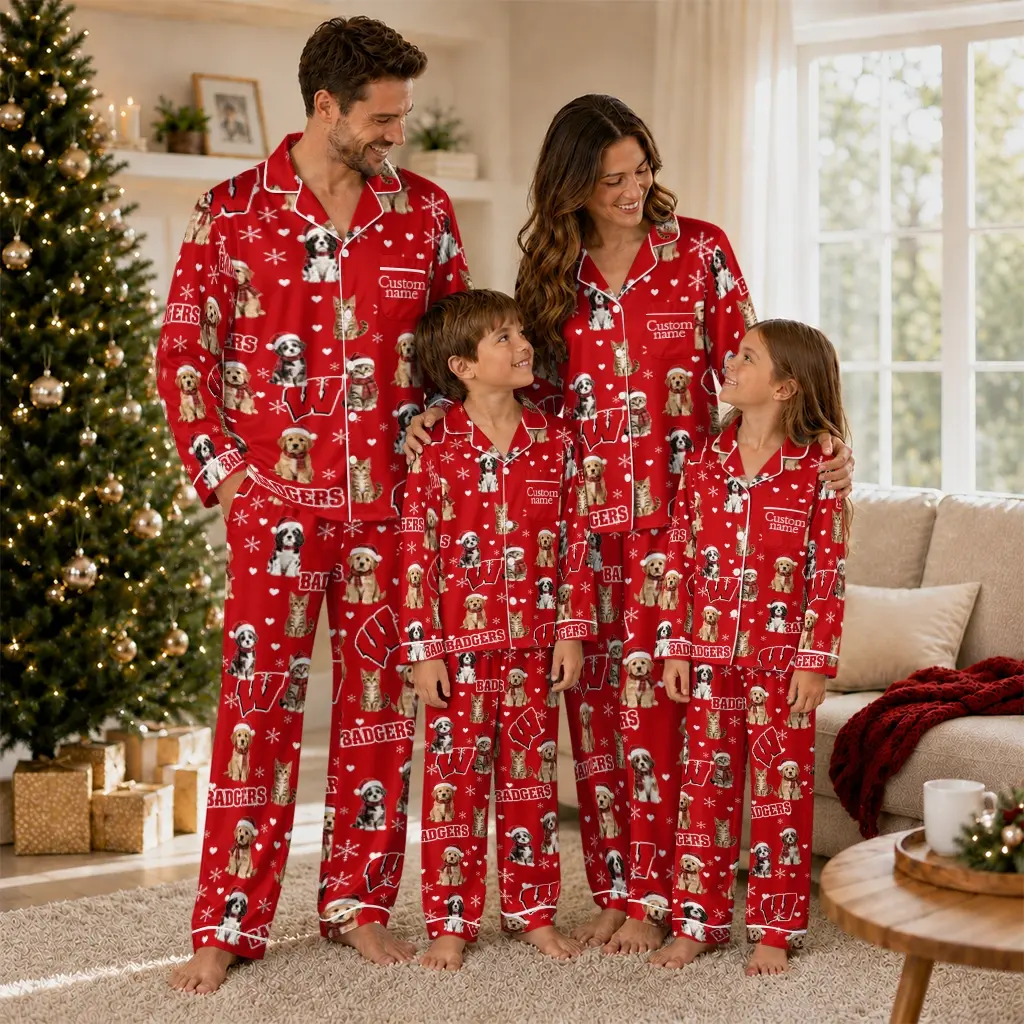 Wisconsin Badgers Long Pajama Set Customized Animal Scatter Red Latest Model Wisconsin Badgers Long Pajama Set Customized Animal Scatter Red Latest Model